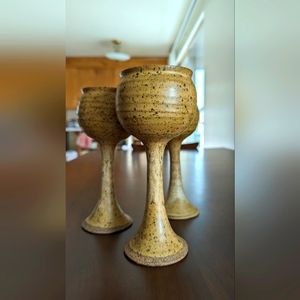 Handmade pottery 3 wine glasses goblets